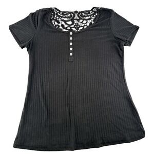 Bobbie Brooks Ladies Black Ribbed Knit Top Lace Accent Buttons Size M